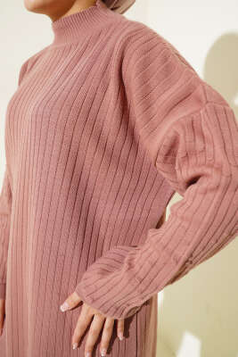 Kol Kabartmalı Fitilli Triko Tunik Gül Kurusu - Triko Tunik