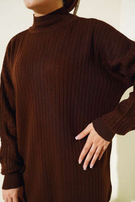 Kol Kabartmalı Fitilli Triko Tunik Kahve - Triko Tunik