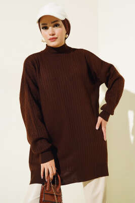 Kol Kabartmalı Fitilli Triko Tunik Kahve - Triko Tunik