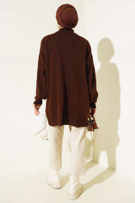 Kol Kabartmalı Fitilli Triko Tunik Kahve - Triko Tunik