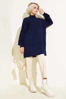 Kol Kabartmalı Fitilli Triko Tunik Lacivert - Triko Tunik