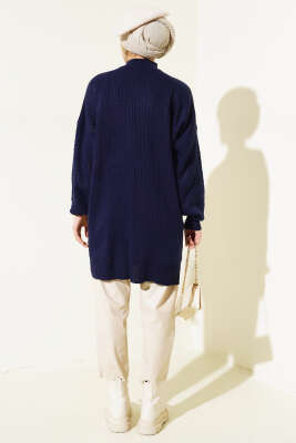 Kol Kabartmalı Fitilli Triko Tunik Lacivert - Triko Tunik