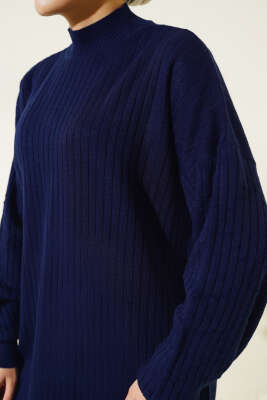 Kol Kabartmalı Fitilli Triko Tunik Lacivert - Triko Tunik