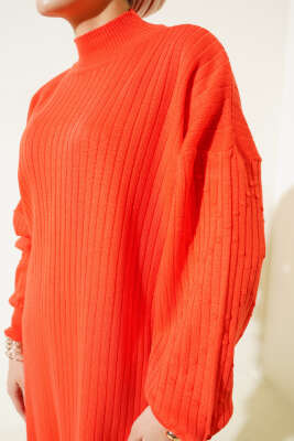 Kol Kabartmalı Fitilli Triko Tunik Oranj - Triko Tunik