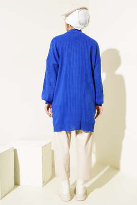 Kol Kabartmalı Fitilli Triko Tunik Saks - Triko Tunik