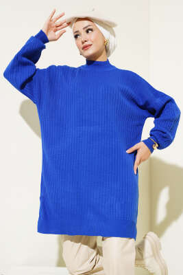 Kol Kabartmalı Fitilli Triko Tunik Saks - Triko Tunik