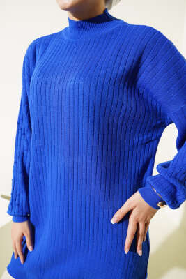 Kol Kabartmalı Fitilli Triko Tunik Saks - Triko Tunik