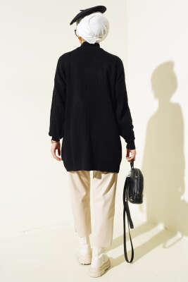 Kol Kabartmalı Fitilli Triko Tunik Siyah - Triko Tunik