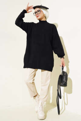 Kol Kabartmalı Fitilli Triko Tunik Siyah - Triko Tunik