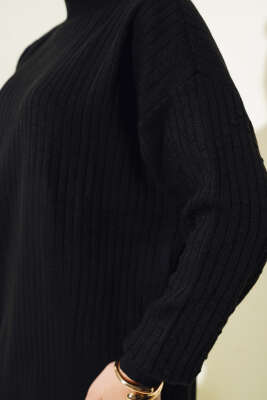 Kol Kabartmalı Fitilli Triko Tunik Siyah - Triko Tunik