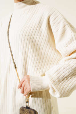 Kol Kabartmalı Fitilli Triko Tunik Taş - Triko Tunik