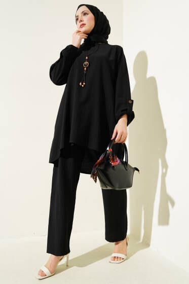 Kol Katlama Detaylı Tunik İkili Takım Siyah - İkili Takım