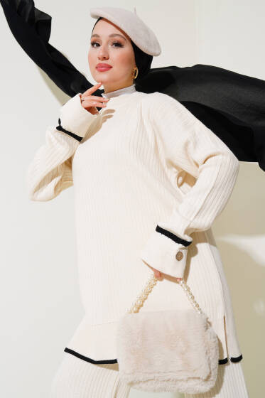 Kol Katlamalı Düğmeli Triko İkili Takım Bej - İkili Takım