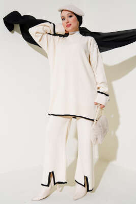 Kol Katlamalı Düğmeli Triko İkili Takım Bej - Triko İkili Takım