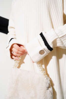 Kol Katlamalı Düğmeli Triko İkili Takım Bej - Triko İkili Takım