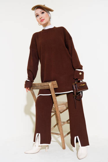Kol Katlamalı Düğmeli Triko İkili Takım Kahve - İKİLİ TAKIM
