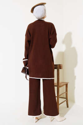 Kol Katlamalı Düğmeli Triko İkili Takım Kahve - Triko İkili Takım