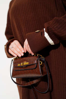 Kol Katlamalı Düğmeli Triko İkili Takım Kahve - Triko İkili Takım