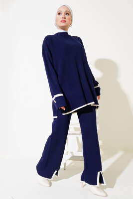 Kol Katlamalı Düğmeli Triko İkili Takım Lacivert - SUDE NAZ