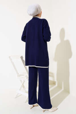 Kol Katlamalı Düğmeli Triko İkili Takım Lacivert - Triko İkili Takım