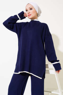 Kol Katlamalı Düğmeli Triko İkili Takım Lacivert - Triko İkili Takım