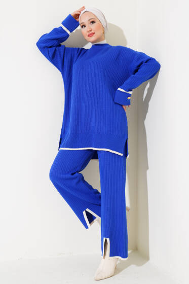 Kol Katlamalı Düğmeli Triko İkili Takım Saks - Triko