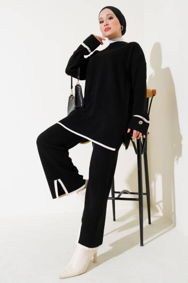 Kol Katlamalı Düğmeli Triko İkili Takım Siyah - İkili Takım