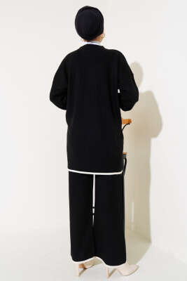 Kol Katlamalı Düğmeli Triko İkili Takım Siyah - Triko İkili Takım