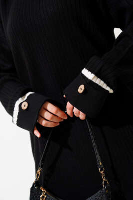 Kol Katlamalı Düğmeli Triko İkili Takım Siyah - Triko İkili Takım