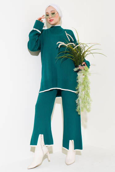 Kol Katlamalı Düğmeli Triko İkili Takım Zümrüt - Triko