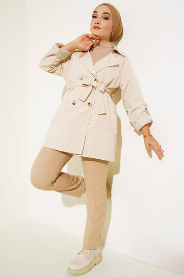 Kol Katlamalı Kısa Trenç Bej - Trençkot
