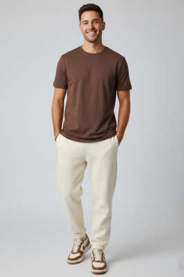 Kol Katlı Basic Erkek T-shirt Kahve - Erkek T-shirt