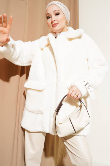 Kol Kemerli Cepli Peluş Mont Ekru - Mont