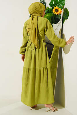 Kol Lastikli Bel Kuşaklı Elbise Neon Yeşil - Thumbnail
