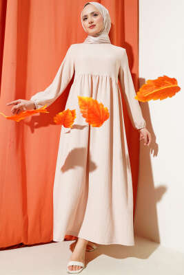 Kol Lastikli Bürümcük Elbise Bej 