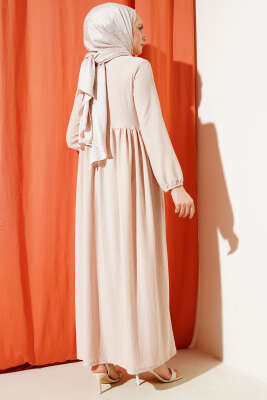 Kol Lastikli Bürümcük Elbise Bej - Tesettür Elbise