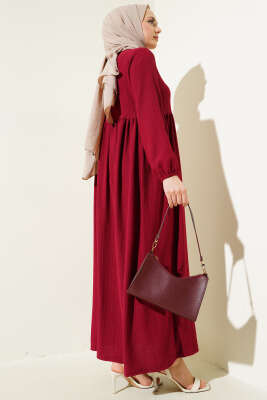 Kol Lastikli Bürümcük Elbise Bordo - Tesettür Elbise