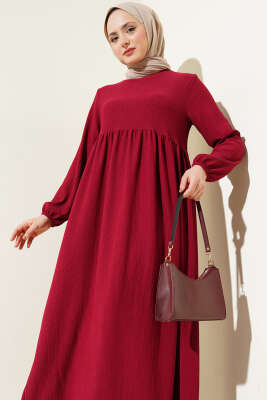 Kol Lastikli Bürümcük Elbise Bordo - Tesettür Elbise