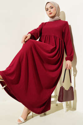 Kol Lastikli Bürümcük Elbise Bordo 