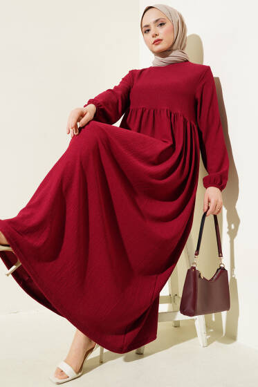 Kol Lastikli Bürümcük Elbise Bordo - Tesettür Elbise