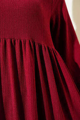 Kol Lastikli Bürümcük Elbise Bordo - Tesettür Elbise