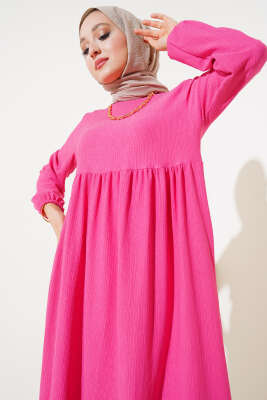 	 Kol Lastikli Bürümcük Elbise Fuşya - Tesettür Elbise