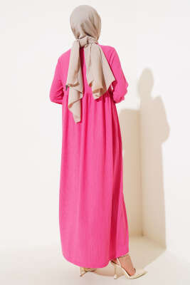 	 Kol Lastikli Bürümcük Elbise Fuşya - Tesettür Elbise