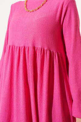 	 Kol Lastikli Bürümcük Elbise Fuşya - Tesettür Elbise