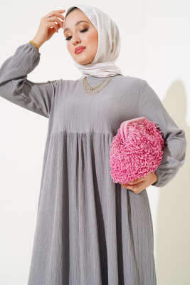 Kol Lastikli Bürümcük Elbise Gri - Tesettür Elbise