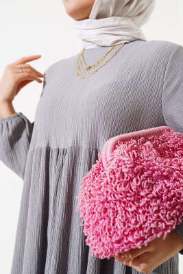 Kol Lastikli Bürümcük Elbise Gri - Tesettür Elbise