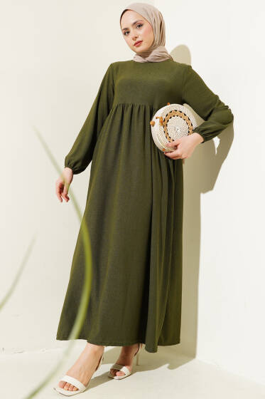 Kol Lastikli Bürümcük Elbise Haki - Elbise