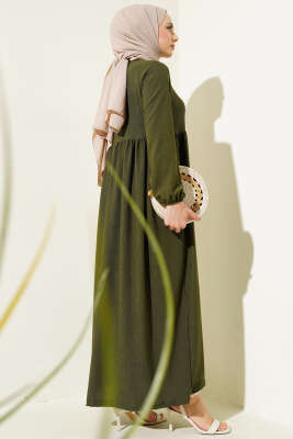 Kol Lastikli Bürümcük Elbise Haki - Tesettür Elbise