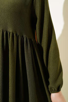 Kol Lastikli Bürümcük Elbise Haki - Tesettür Elbise