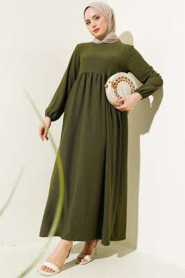 Kol Lastikli Bürümcük Elbise Haki 